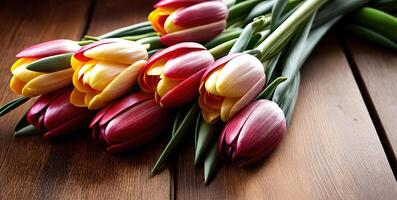 Frühling Blumen Tulpen Banner Kopieren Raum auf hölzern Hintergrund Tabelle Rosa rot Gelb Strauß Lügen foto