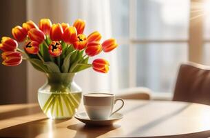 Weiß und Licht Rosa rot Gelb Tulpen Strauß im Vase Glas mit Becher Tasse von Kaffee Latté Cappuccino Sonne Licht Fenster modern Innenraum Bokeh Frühling foto