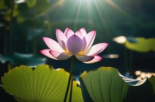 schön Wasser Lilie Lotus Blume mit Blätter auf See Wasser Oberfläche Wahnsinn Zen asiatisch Flora Botanik Sonne Licht Sommer- foto