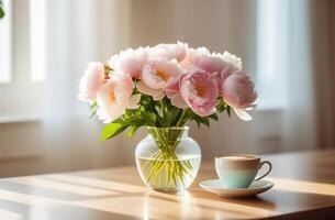 Weiß und Licht Rosa Pfingstrosen Strauß im Vase Glas mit Becher Tasse von Kaffee Latté Cappuccino Sonne Licht Fenster modern Innenraum Bokeh Frühling foto