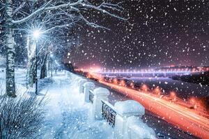 Aussicht von das Nacht Winter Stadt bedeckt mit Schnee von das Stadt Park. Schneefall. foto