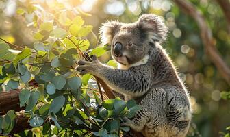 Koala kuschelt Eukalyptus Ast foto