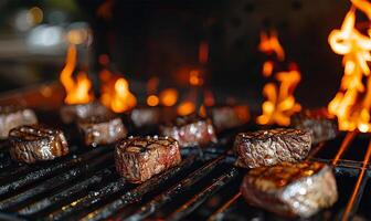 saftig Steaks geküsst durch feurig Flammen verwandeln auf ein sengend Grill Gitter foto