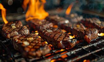 saftig Steaks geküsst durch feurig Flammen verwandeln auf ein sengend Grill Gitter foto