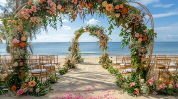 das Hintergrund zum ein Open-Air Hochzeit auf das Strand gefüllt mit schön Blumen- Dekorationen und Ornamente ai generieren foto