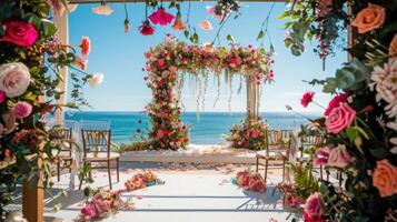 das Hintergrund zum ein Open-Air Hochzeit auf das Strand gefüllt mit schön Blumen- Dekorationen und Ornamente ai generieren foto