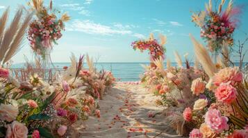 das Hintergrund zum ein Open-Air Hochzeit auf das Strand gefüllt mit schön Blumen- Dekorationen und Ornamente ai generieren foto