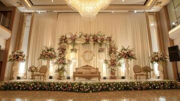 Hochzeit Bühne Dekoration Hintergrund Innerhalb das Gebäude mit elegant und schön Blume Dekorationen foto