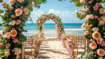 das Hintergrund zum ein Open-Air Hochzeit auf das Strand gefüllt mit schön Blumen- Dekorationen und Ornamente ai generieren foto