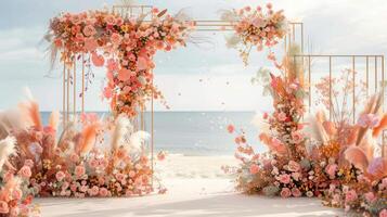 das Hintergrund zum ein Open-Air Hochzeit auf das Strand gefüllt mit schön Blumen- Dekorationen und Ornamente ai generieren foto