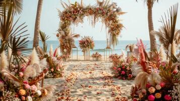 das Hintergrund zum ein Open-Air Hochzeit auf das Strand gefüllt mit schön Blumen- Dekorationen und Ornamente ai generieren foto