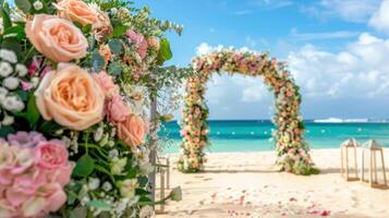 das Hintergrund zum ein Open-Air Hochzeit auf das Strand gefüllt mit schön Blumen- Dekorationen und Ornamente ai generieren foto
