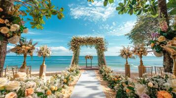 das Hintergrund zum ein Open-Air Hochzeit auf das Strand gefüllt mit schön Blumen- Dekorationen und Ornamente ai generieren foto