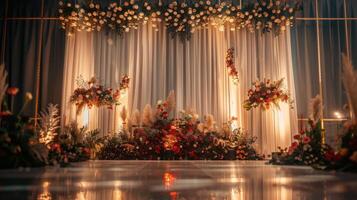 Hochzeit Bühne Dekoration Hintergrund Innerhalb das Gebäude mit elegant und schön Blume Dekorationen foto