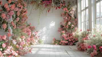 das Hochzeit Hintergrund und Zimmer zum Studio Fotos sind gefüllt mit schön Blume Dekorationen