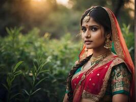 Porträt von ein schön indisch Frau mit Saree im das Garten foto