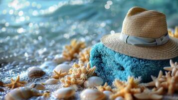 ein stilvoll Stroh Hut gepaart mit ein beschwingt Blau Schal ruht auf ein gewebte Decke, vorschlagen ein entspannend Sommer- Tag. foto