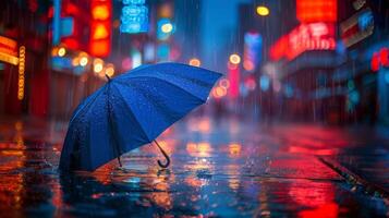 Blau Regenschirm auf nass Bürgersteig foto