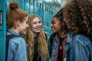 ai generiert Gruppe von weiblich Schüler im hoch Schule foto