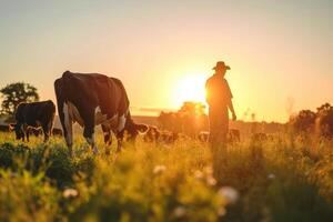 ai generiert Kuh Farmer Land Abend foto