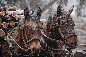 ai generiert zwei Pferde Transportieren groß Bündel von Brennholz foto