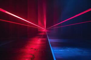 ai generiert Blau und rot Laser- Strahl Licht Auswirkungen auf schwarz Hintergrund foto