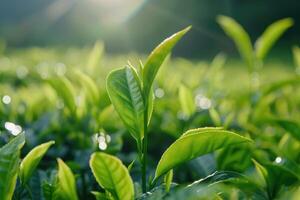 ai generiert Grün Tee Blätter im ein Tee Plantage im Morgen foto