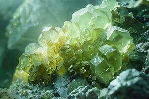 ai generiert Prehnit Grün oder Gelb Mineral gefunden im vulkanisch Felsen. foto