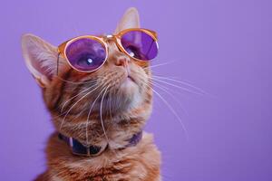 ai generiert Katze mit Sonnenbrille auf violett Hintergrund Verkauf Beförderung Banner. foto