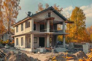 ai generiert Gebäude ein Silikat Block Haus im ein Sommer- Hütte. foto