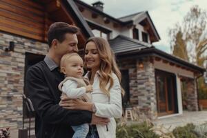 ai generiert glücklich Familie mit Agent Makler in der Nähe von Neu Haus. glücklich Familie mit Agent Makler in der Nähe von Neu Haus. foto