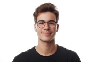 ai generiert jung Mann mit Brille lächelnd isoliert auf Weiß Hintergrund foto