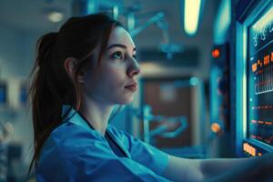 ai generiert Krankenschwester mit modern medizinisch Ausrüstung. foto