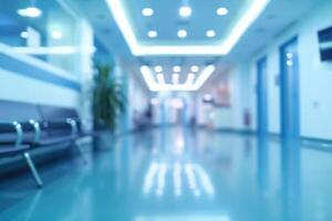 ai generiert abstrakt verwischen Krankenhaus und Klinik Innere zum Hintergrund wird bearbeitet Blau Farbe Weiß Balance foto