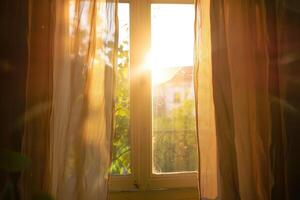 ai generiert hell Morgen Sonne im das öffnen Fenster durch das Vorhänge foto