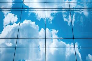 ai generiert Wolken reflektiert im Fenster von modern Büro Gebäude modern Büro foto