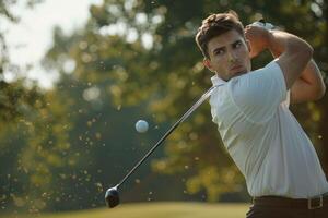 ai generiert jung Golfspieler im Weiß Hemd und schwarz Hose üben. foto