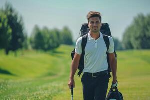 ai generiert lächelnd jung Golfspieler im Weiß Hemd mit Golf Tasche. foto