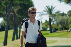 ai generiert lächelnd jung Golfspieler im Weiß Hemd mit Golf Tasche. foto
