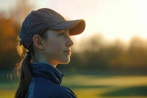 ai generiert ziemlich jung Dame Golfspieler suchen in das Entfernung foto