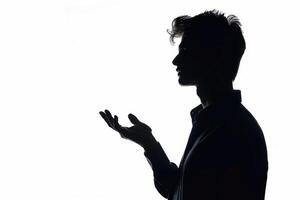 ai generiert Silhouette von jung Mann Porträt im Hemd mit Hand auf Studio isoliert Weiß Hintergrund. schließen hoch. foto