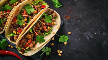 ai generiert oben Aussicht von Mexikaner Tacos mit Fleisch Bohnen und Salsa. foto