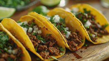 ai generiert würzig hausgemacht Rindfleisch Barbacoa Tacos mit Koriander Käse und Zwiebel foto