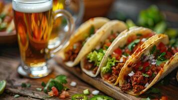 ai generiert authentisch Mexikaner Tacos mit Bier auf hölzern Tabelle Schuss mit selektiv Fokus foto