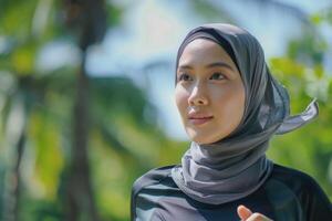 ai generiert Porträt von attraktiv jung asiatisch Muslim Frau Laufen und ausüben draussen foto