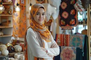 ai generiert Muslim Frau verkauft Kunsthandwerk im Geschäft. foto