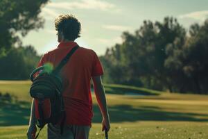 ai generiert Golf Spieler im ein rot Hemd Gehen mit ein Tasche von Golf Vereine auf seine zurück auf ein Golf Kurs. foto