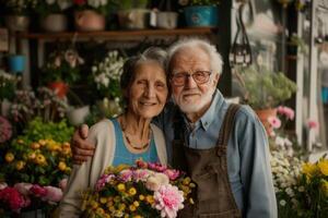 Alten Paar im besitzen Blume Geschäft. Konzept von klein Geschäft. foto