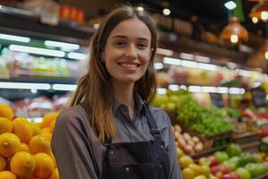 weiblich Auszubildender im ein Supermarkt. Frau Arbeiten im ein Lebensmittelgeschäft Geschäft lächelnd beim Kamera. foto