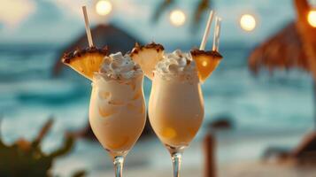 Pina Colada Getränke mit verwischen Strand auf Hintergrund Pina Colada trinken foto